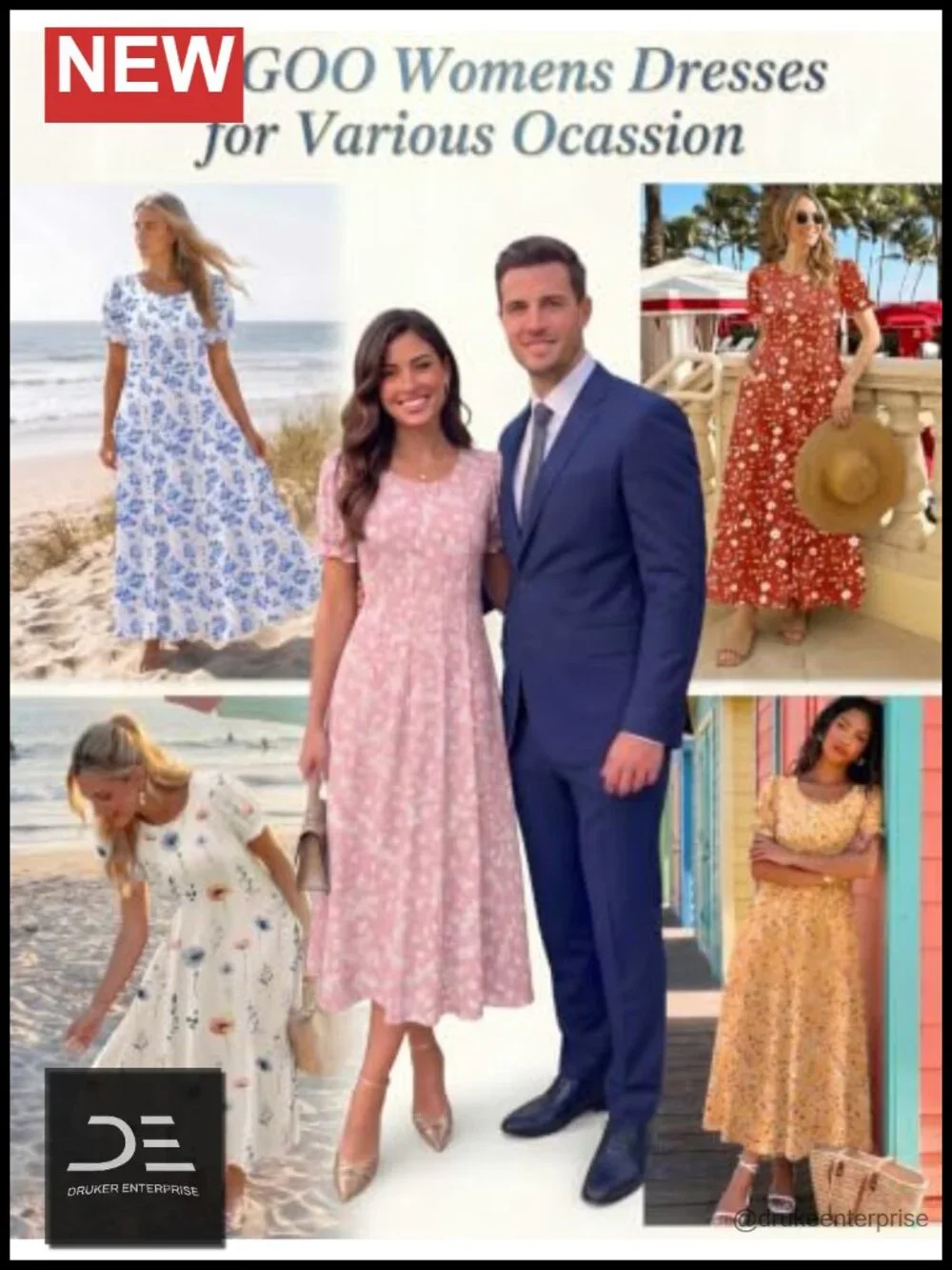 Midi Dress with Puff Sleeves Pleated Flowy Sundress with Pockets